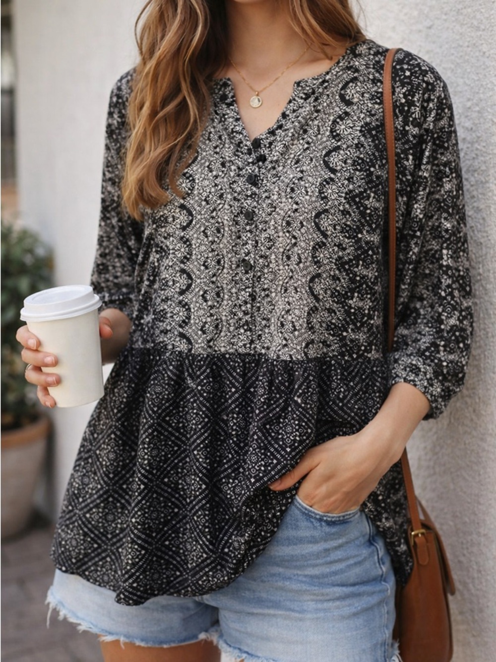 Addie Boho Black Floral Tunic Blouse Peasant Top Small